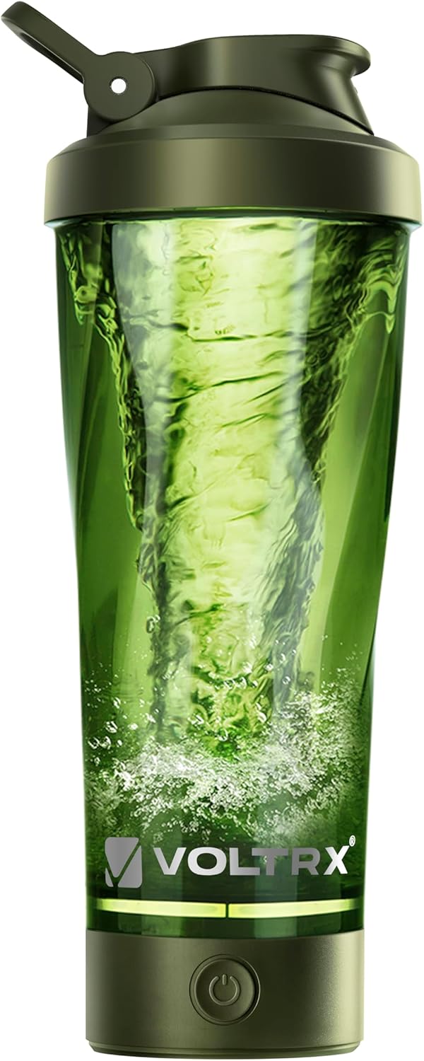 Botella mezcladora eléctrica de proteínas VOLTRX Premium, fabricada con Tritan, libre de BPA, 710 ml (24 oz). Vaso mezclador portátil Vortex recargable por USB para batidos de proteínas, ideal para entrenamientos, fitness y ejercicio.